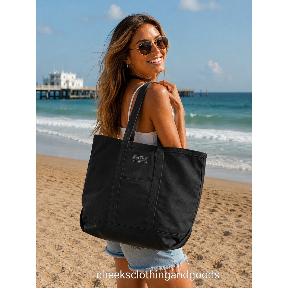 LL Bean Boat and Tote Black Canvas Zip Top Shoulder Bag Made in USA